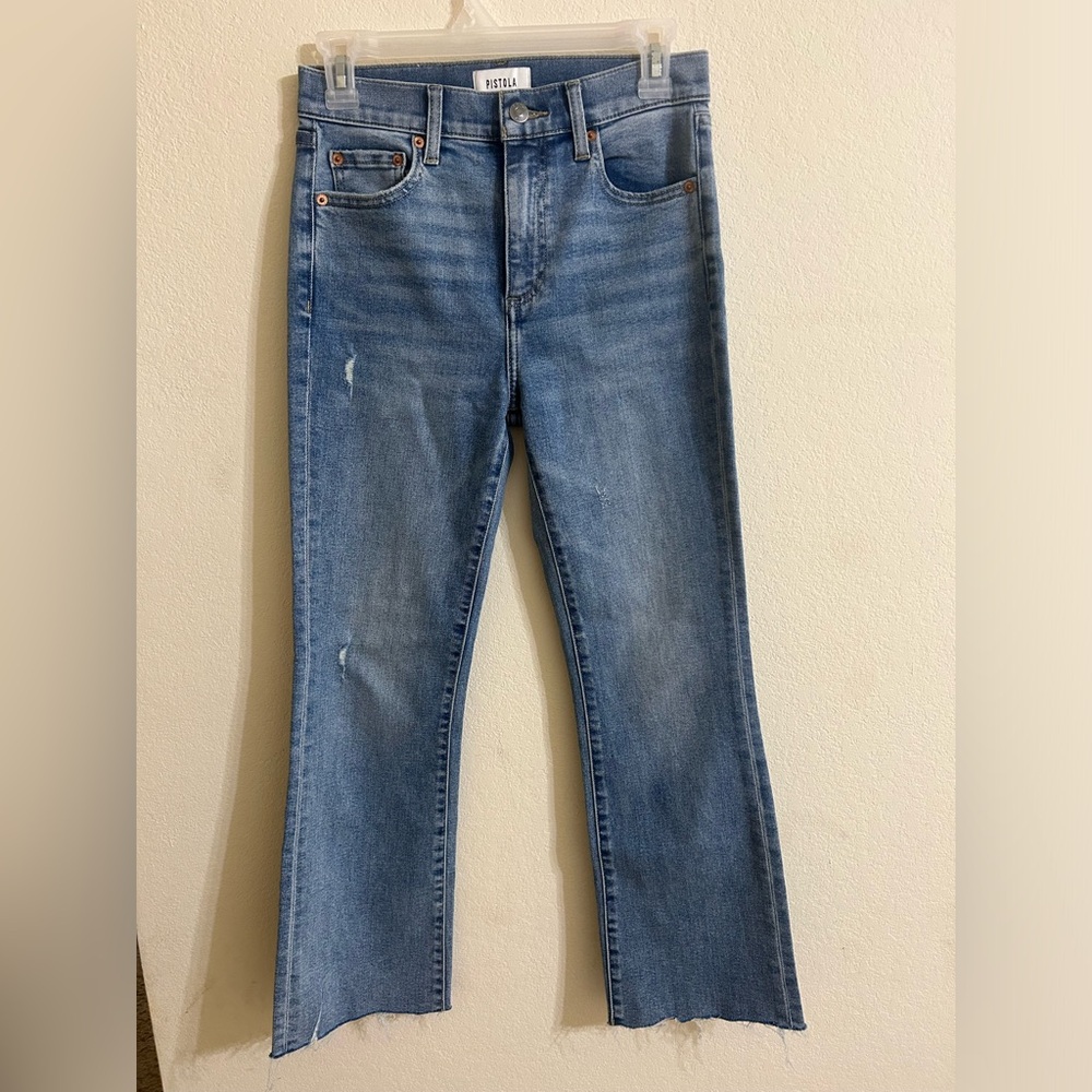 Pistola Lennon High Rise Cropped Boot Jeans Cotton Women's Size 25 Raw Hem Blue